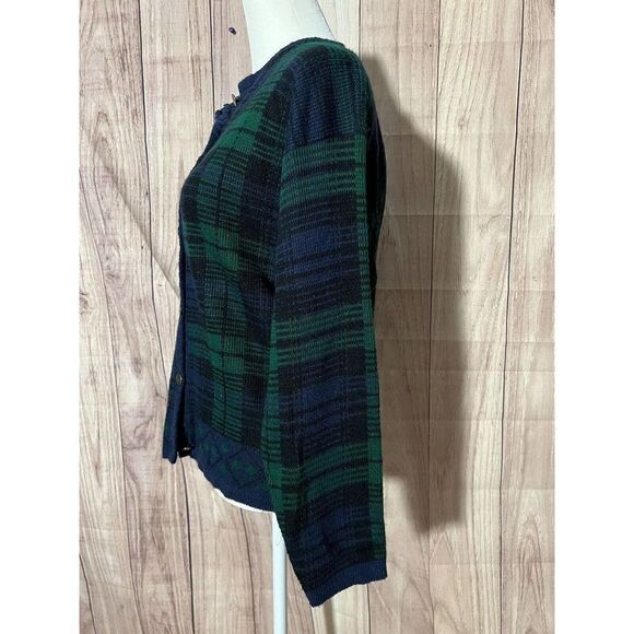 Vintage Victoria Jones Petites Plaid Cardigan Green & Black Size PM - Picture 4 of 9